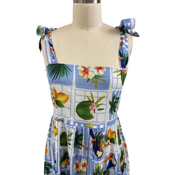 True Destinations Resort Wear Cotton Maxi Dress Tropical Print Tie Shoulder M - Picture 2 of 7